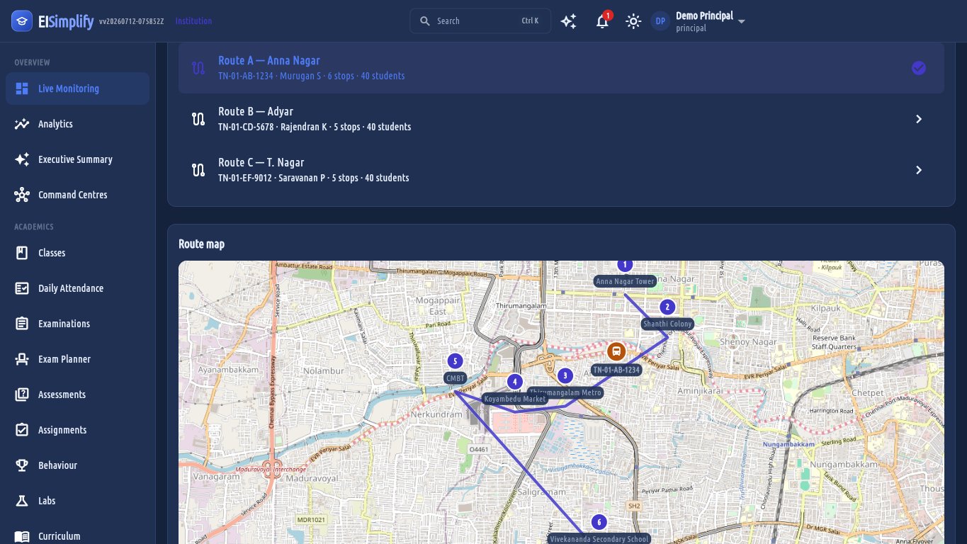 EI-Simplify live monitoring board — fleet, lectures and attendance in real time