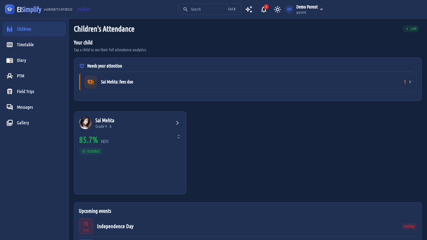 A parent's landing dashboard